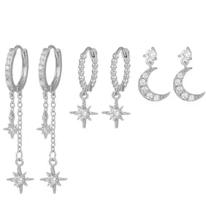 JEYFULL Earring Stacking Set for Women Dainty Moon Star Design Cubic Zirconia Stud Dangle Hoop Earrings Non tarnish Jewelry for Sensitive Ear