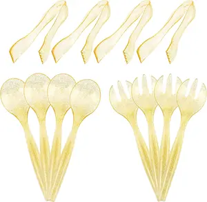 72 pcs Plastic Serving Utensils, Gold Plastic Silverware, 24 Serving Spoons 10",24 Serving Forks 10",24 Tongs 6.3"