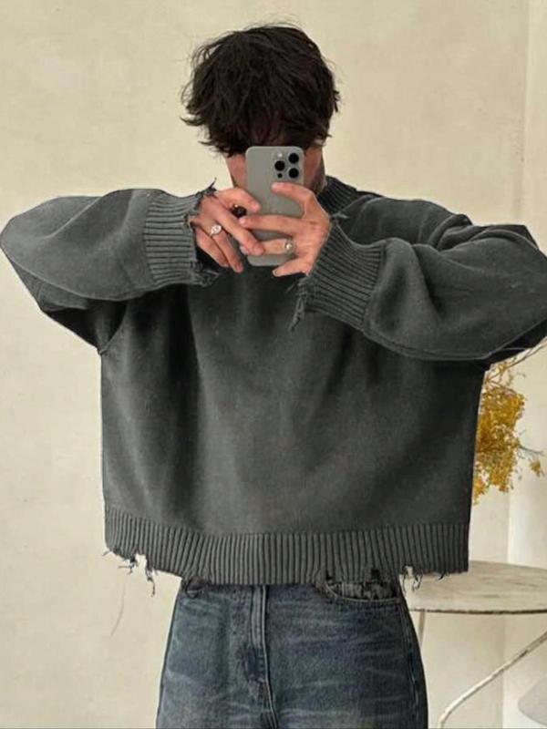Men's Solid Ripped Drop Shoulder Sweater, Loose Casual Long Sleeve ...