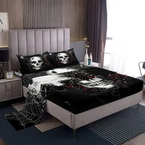 Feelyou Gothic Look Bed Sheet Set - Multi-Size Breathable Bedding with Skeleton, Butterfly Floral Designs, Deep Pockets, Halloween Decor Textile Set