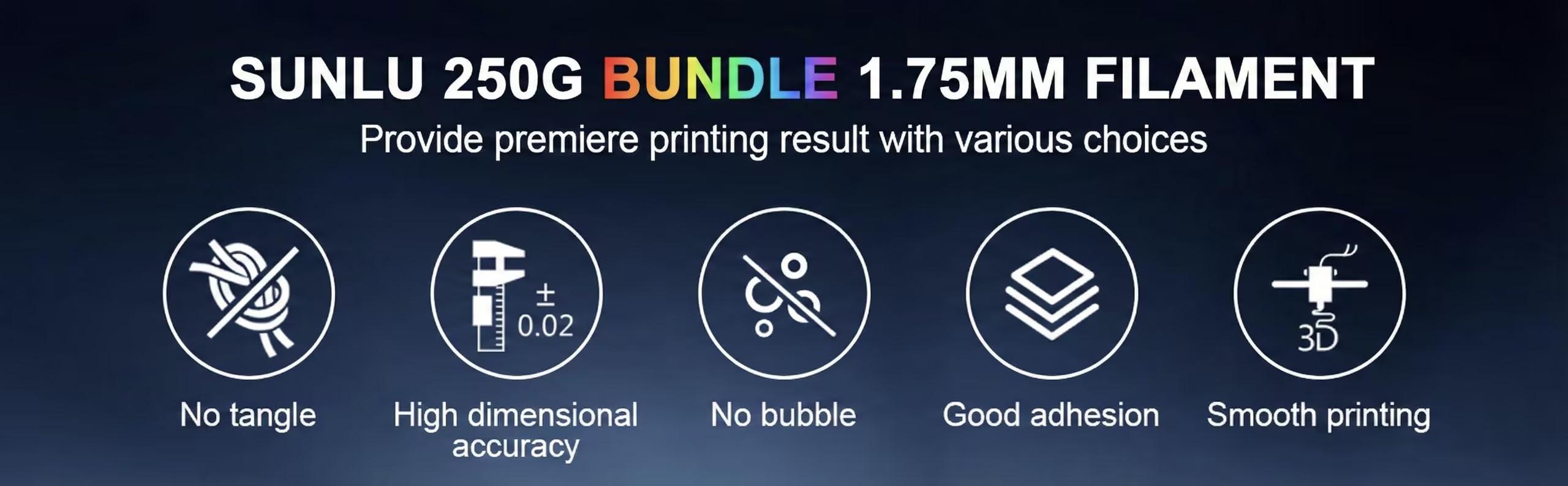 SUNLU 250g Filament (1.75mm) Multicolor Bundle Neatly Wound Vacuum Packed 3D Printer Filament for Fathersdaygift