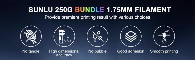 SUNLU 250g Filament (1.75mm) Multicolor Bundle Neatly Wound Vacuum Packed 3D Printer Filament for Fathersdaygift
