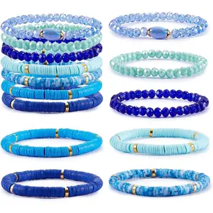 7Pcs Handmade Polymer Clay  Surfer Stretch Bracelets Set Colorful Glass Beads Bracelets Boho Stackable Preppy Bracelets Wrist Jewelry for Women