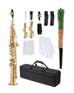 Gold Brass Straight Soprano Saxophone In B Flat With Case, Adjustable Straps, Mouthpiece, Cleaning Kit, Reed Bundle, And Protective Gig Bag For Beginners To Intermediates, Great For Jazz, Blues, And Concert Practice