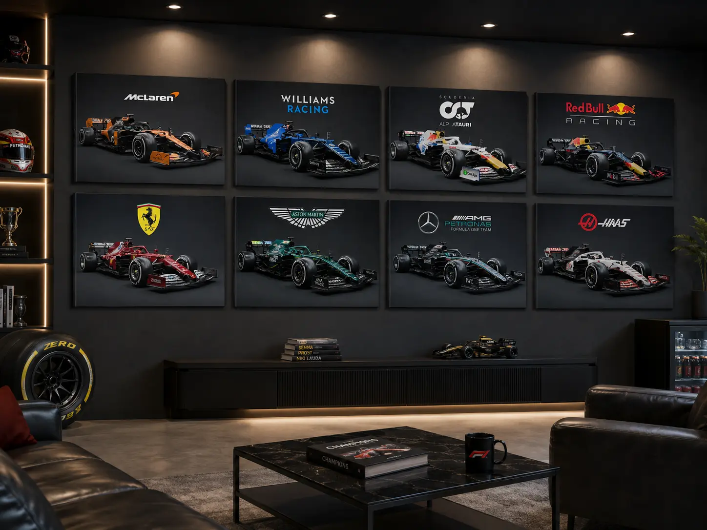 Teams Studio Race Car Horizontal Canvas Gallery Wall Set, McLaren Mercedes Ferrari Red Bull Alpine Aston Martin Haas RB Formula 1 Livery Print, Dark Grey Background F1 Grid Car Combo Wall Art, Motorsport Man Cave Garage Fan Living Room Decor