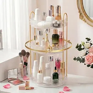 Three-Layer 360° Rotating Makeup  Stand, Premium Solid Metal Pole Sturdy Construction, Translucent Revolving Beauty Storage Unit for Vanity, Sink or Bathroom Shelf, White