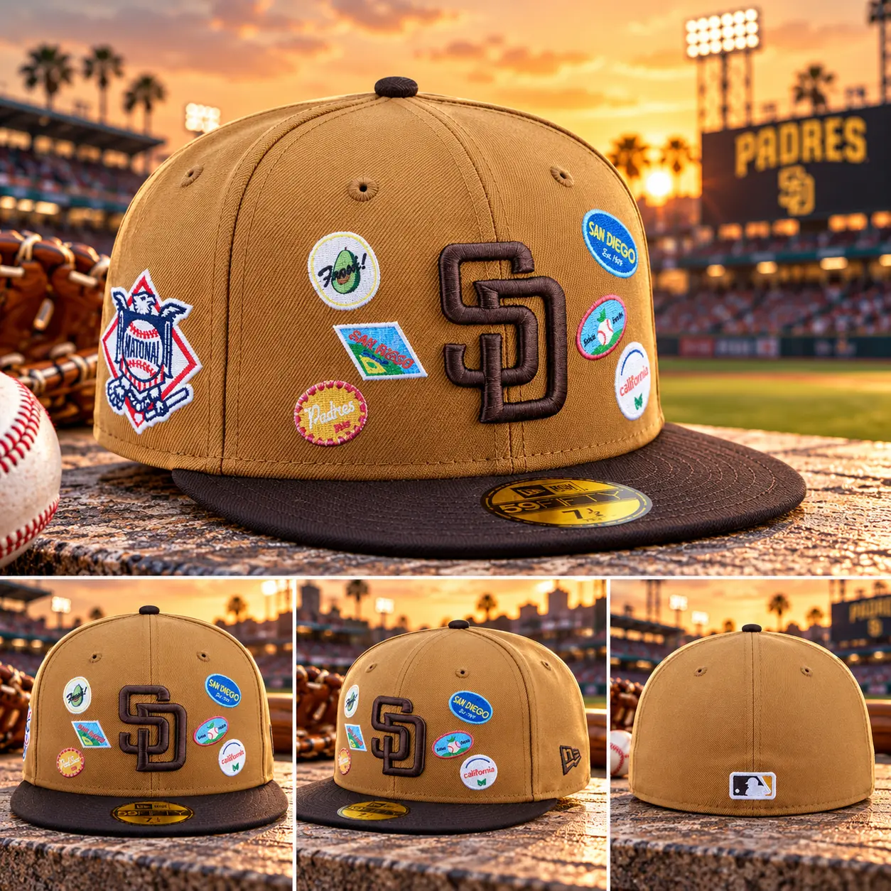 Brown Fitted Baseball Cap – Dark Brown Embroidered SD Letter Logo, Vintage Multicolor Patch Design, Two Tone Flat Brim Hat, Unisex Casual Sports Streetwear