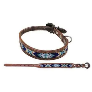 Leather Dog Collar With Teal & Blue Cross Design Beaded Inlay