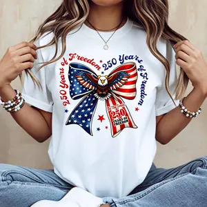 American Eagle Flag Bow 250 Years Of Freedom Print T Shirt White Casual Loose Fit For Everyday Wear And Outdoor Activities