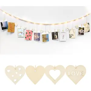 1 set of hanging photo display wall decoration, with heart-shaped pendant, clip and LED light, Bohemian style, suitable for bedroom, living room, office, room decoration, photo rack