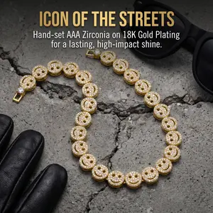 Hip-Hop Smiley Face Iced Out Cuban Link Necklace - Luxury Streetwear, Ice, Sparkly Style Chains for Men & Women, Gold-Toned & Silver-Toned Chain, Luxury Streetwear Necklaces, Silver-Toned Chain Necklaces