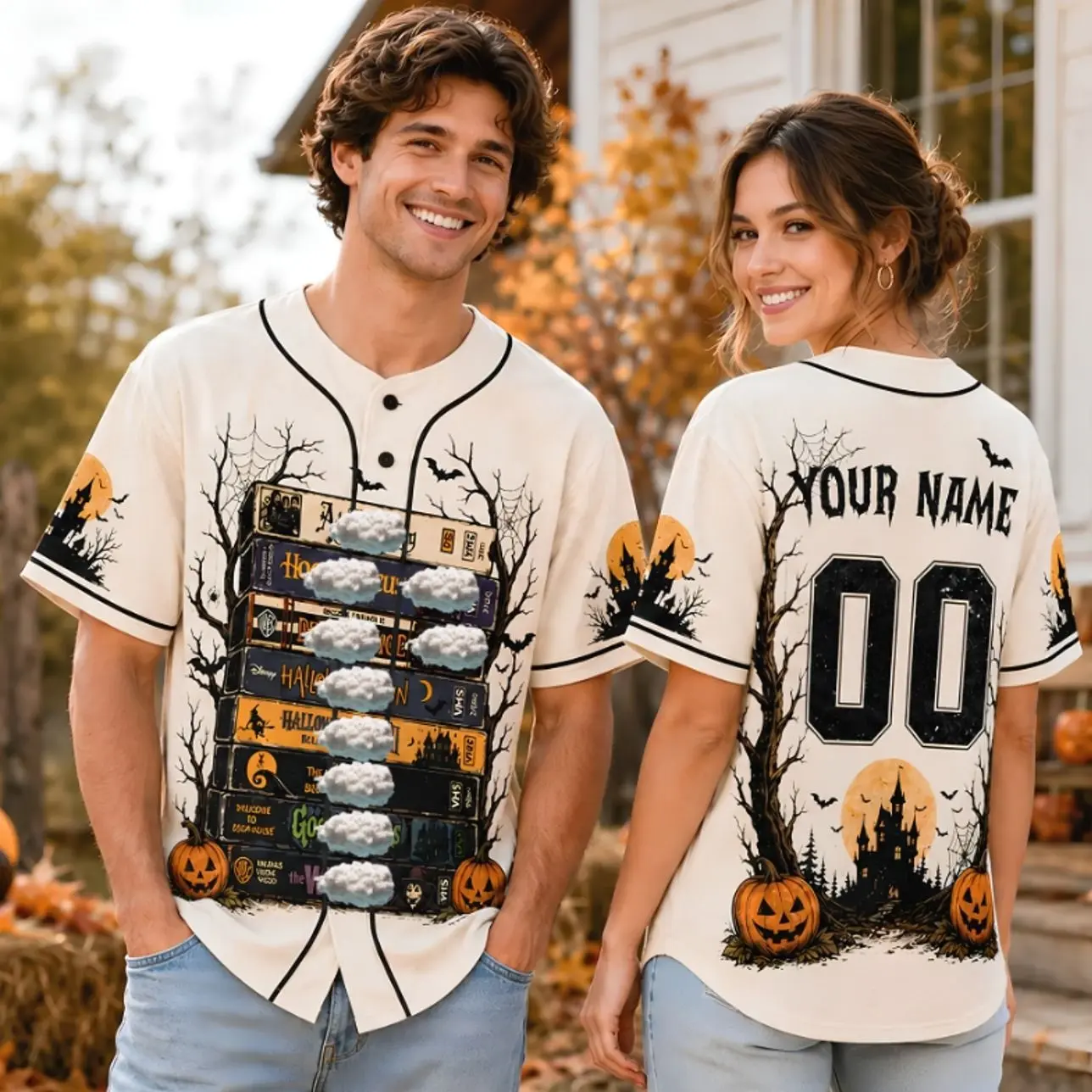 Custom Halloween Baseball Jersey, Personalized Horror VHS Tape Shirt, Vintage Horror Film Family Matching Halloween Gift