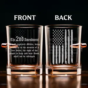 The 2nd Amendment Bullet Whiskey Glass, 11oz Rock Glass with American Flag, Patriotic Gifts for Men Drinkware, Birthday or Veteran Gifts