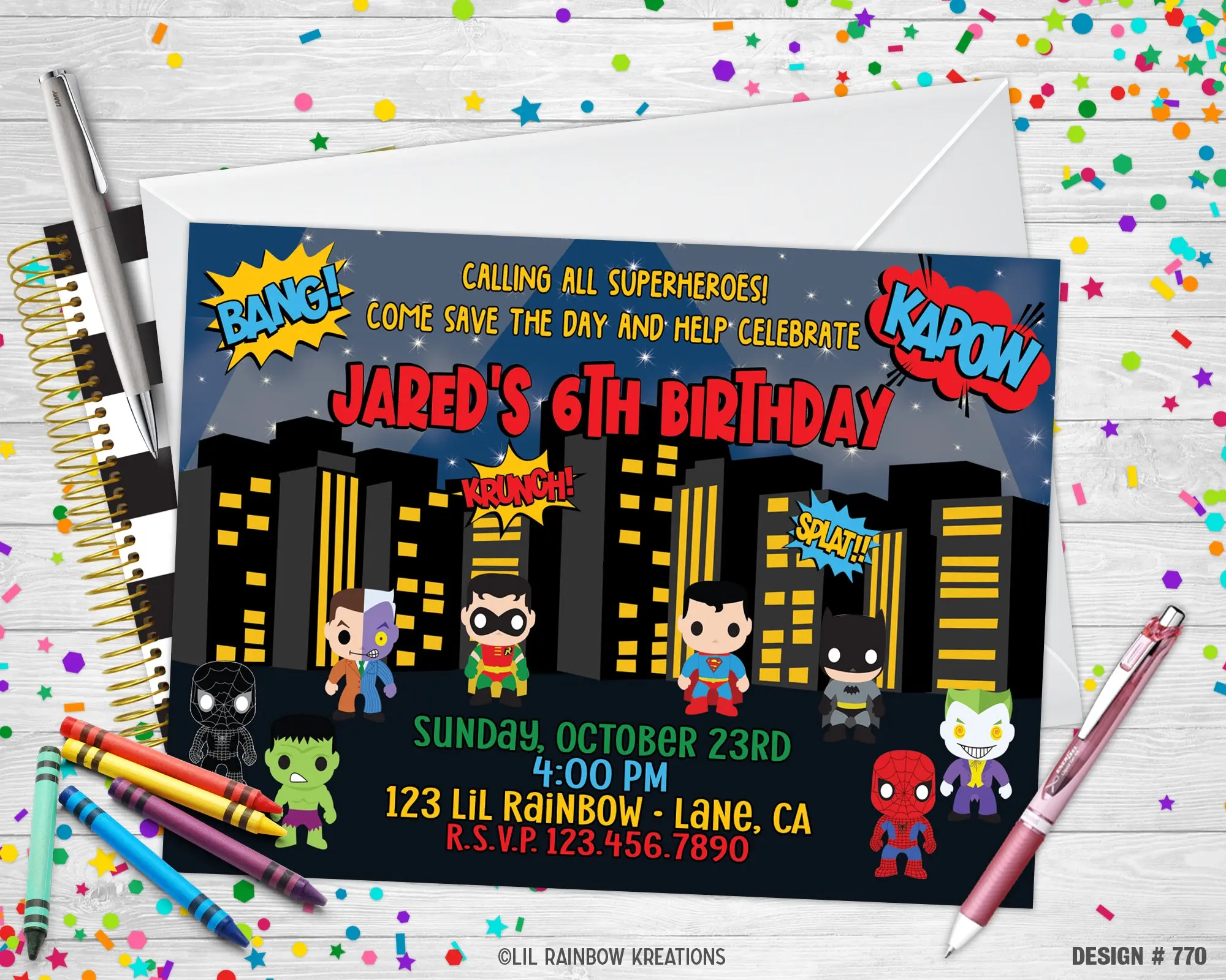 770 | Pop Superheroes Party Invitation & Thank You Card