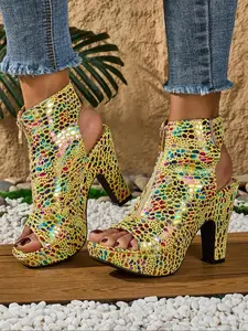 Women's Fashionable Leopard Pattern Velcro Heeled Sandals, Elegant Square Toe High Heel Sandals for Party, Daily Clothing Decor for Women & Girls, Glitter Decorated Sandals, Footwear