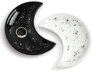 Small Moon Jewelry Dish Tray, Decorative Ceramic Trinket Dish, Modern Accent Tray for Vanity 2pcs（White and Black ）