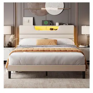 Furologee Queen Size Bed Frames with Upholstered Headboard Modern Platform Bed with Charging Station and LED Lights Bed Frame with Sturdy Wooden Slats No Box Spring Needed 2 Tier Storage Beige