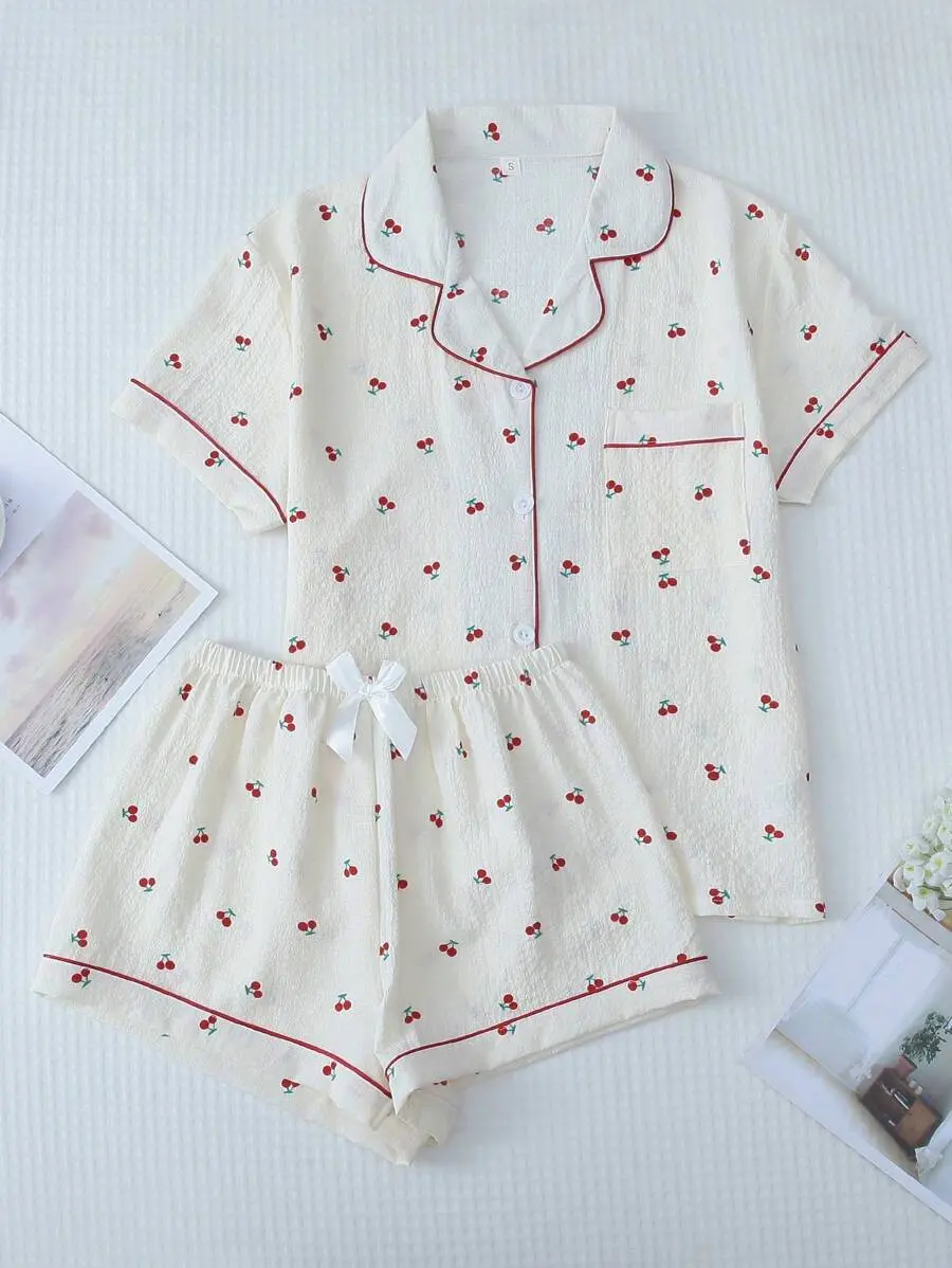 Cherry Print Lapel Women's cute Pajama Loungewear Set All-Over Fruit Short Sleeve Comfort Pjs Homewear