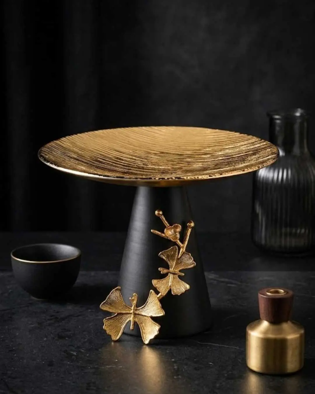 12" Dia. Gold Cake Stand with Matte Black Pedestal - High Contrast Metallic Ginkgo Leaf Dessert Server for Kitchen Decoration, Fruit Display, Candle Holders, Watch Party Ornaments