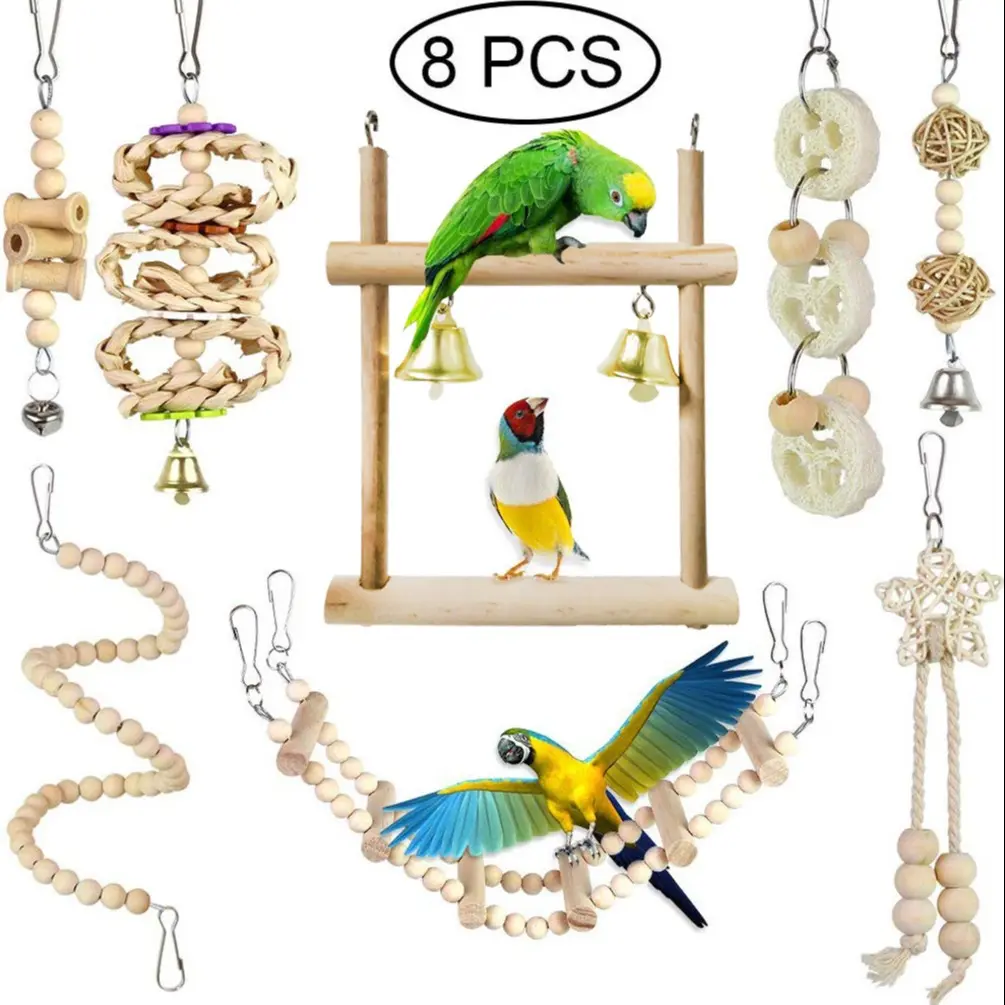 Parrot Chew Toy Set (8/9 Pieces), Recycled Wood Perch Swing with Bell, Hanging Bird Cage Accessories for Small Parrots, Bird Perches for Cage
