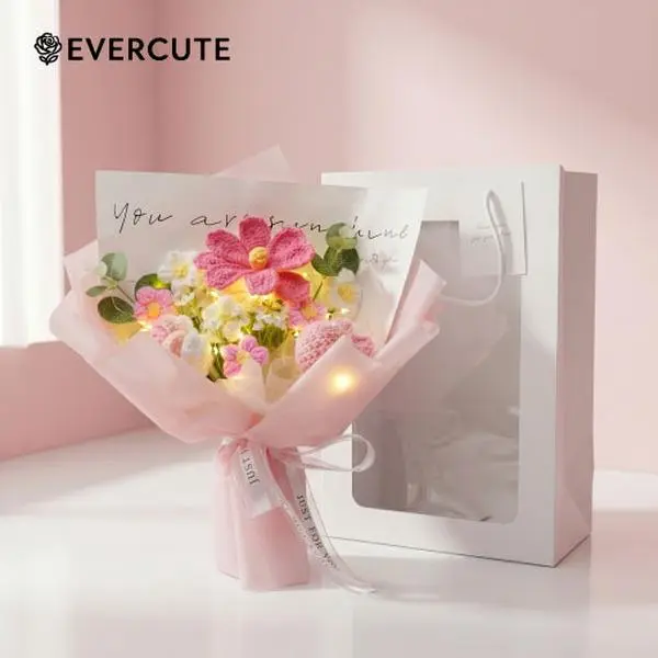 EVERCUTE The Martian Series Handmade Crochet Bouquet | LED Knitted Flowers | Romantic Gift for Girlfriend, Bridal Shower, Home Decor | Perfect for Mother's Day, Valentine's, New Year, Thanksgiving, Christmas & All Occasions | Banquets, Weddings, Outdoor