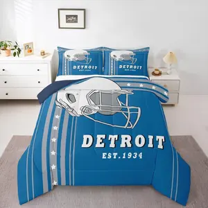 Football Comforter Set,Sports Bedding,Rugby Sports Decor Bedding Comforter Sets,White Blue Football City Bed Set,Fans Gifts (Detroit)