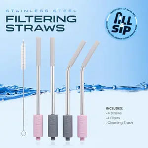 Mist Water Filtering Straw, Removes Chlorine & Odor, Stainless Steel, Brush, Travel-Friendly, Reusable Water Purifier Straw, Grey (2 Pack)
