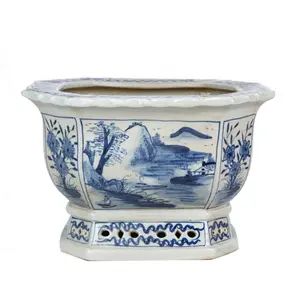 Blue and White Mountain Village Porcelain Foot Bath Planter