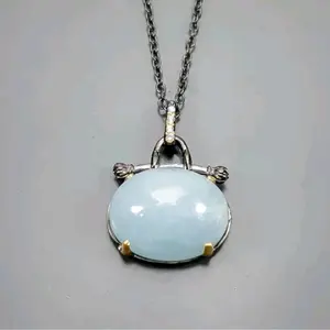 Black Rhodium Plated Sterling Silver 30ct Light Blue Natural Aquamarine Pendant 17.5" Necklace