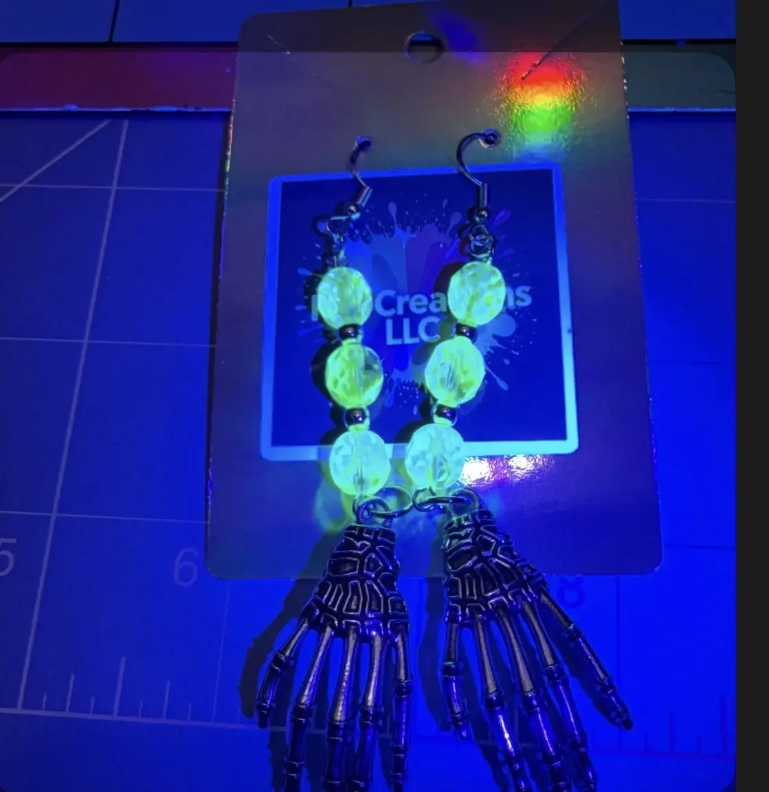 Handmade Uranium Glass Skeleton Hand Earrings – Glow Under UV