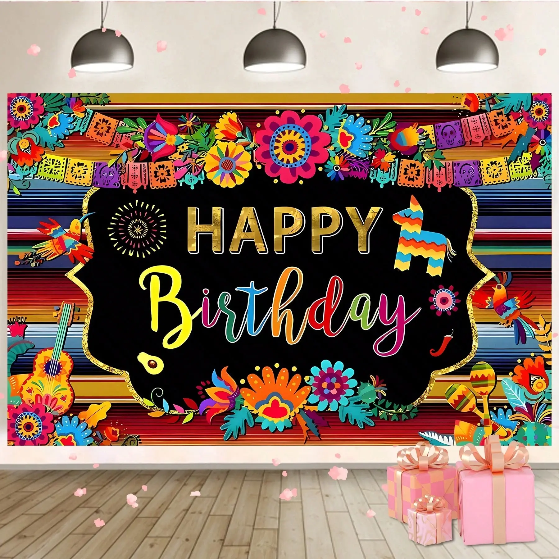 Mexican Carnival Birthday Banner, Vivid Flag & Floral Design, Cake Table Decoration 59x39.37 Inch, Durable Polyester Fabric, Indoor Outdoor Decor