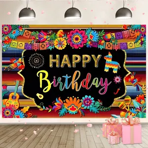 Mexican Carnival Birthday Banner, Vivid Flag & Floral Design, Cake Table Decoration 59x39.37 Inch, Durable Polyester Fabric, Indoor Outdoor Decor