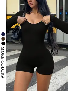 Women's Slimming Jumpsuit, Fitted Design, Long Sleeve, Soft and Elastic Fabric, Minimalist Style, Basic, Perfect for Daily Fashion, Fall & Winter Wear