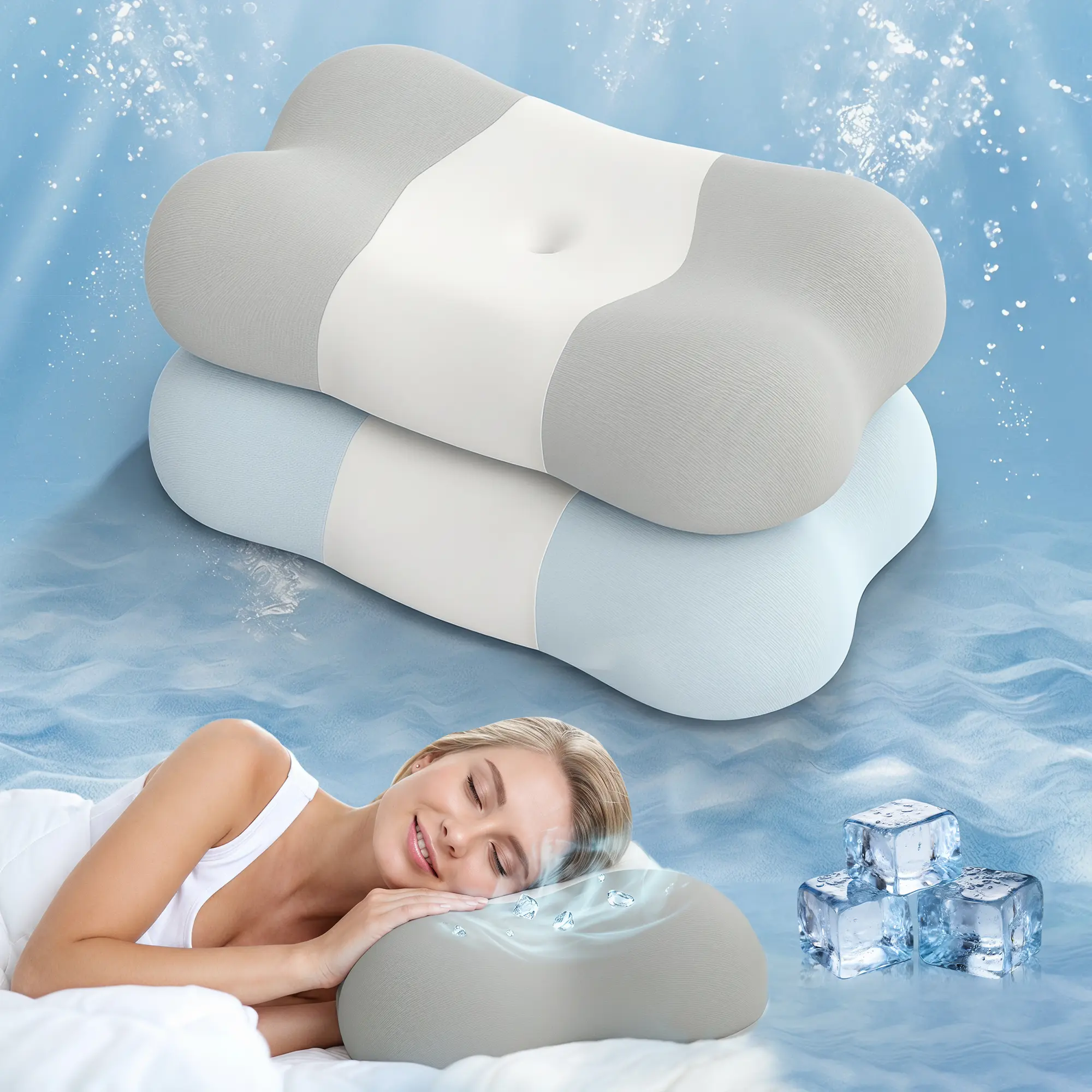 MULINATURE Cloud Memory Foam Pillow, 1 Pack, Blue/Gray | Ergonomic Cloud Cervical Pillow with Cooling Cover, 3-Zone Neck Support for Side, Back & Stomach Sleepers