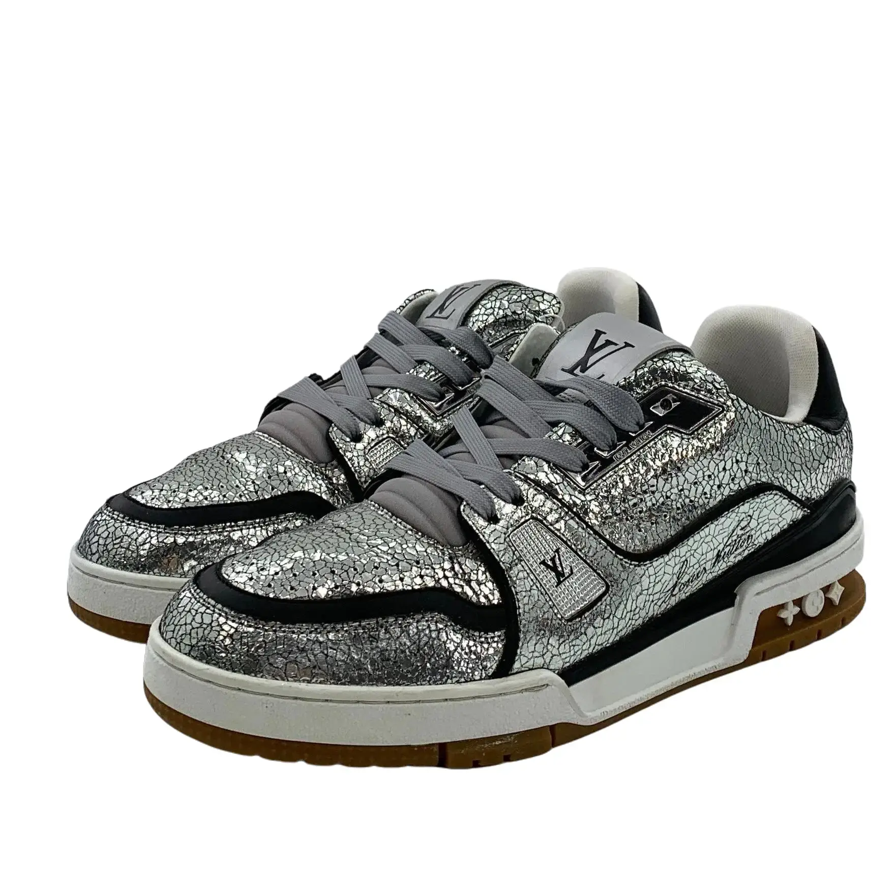 RDLT-Louis Vuitton size 41 silver calfskin crack effect design lace up casual flat sneakers-H36910