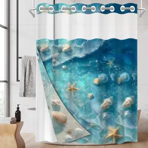 1PC 2D No Hooks Double Layer Shower Curtain, Printed Shower Curtain, Ocean Wave Shell Starfish Beach Print Waterproof Fabric, Coastal Style Home Decor, Accessories for Hotel & Home Bathroom, Clear Top Window & Detachable Snap-In Liner, Room Divider71"×74