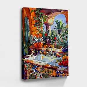Framed Wall Art, Wrapped Canvas Poster Vintage Prints, Vibrant Mexican Kitchen, Cactus And Fruit Frame Canvas Print Southwestern Art, Birthday Party Decor, Decorative Wall Art for Living Room Bedroom Office, Hanging Hardware Included. Gifts Decoration