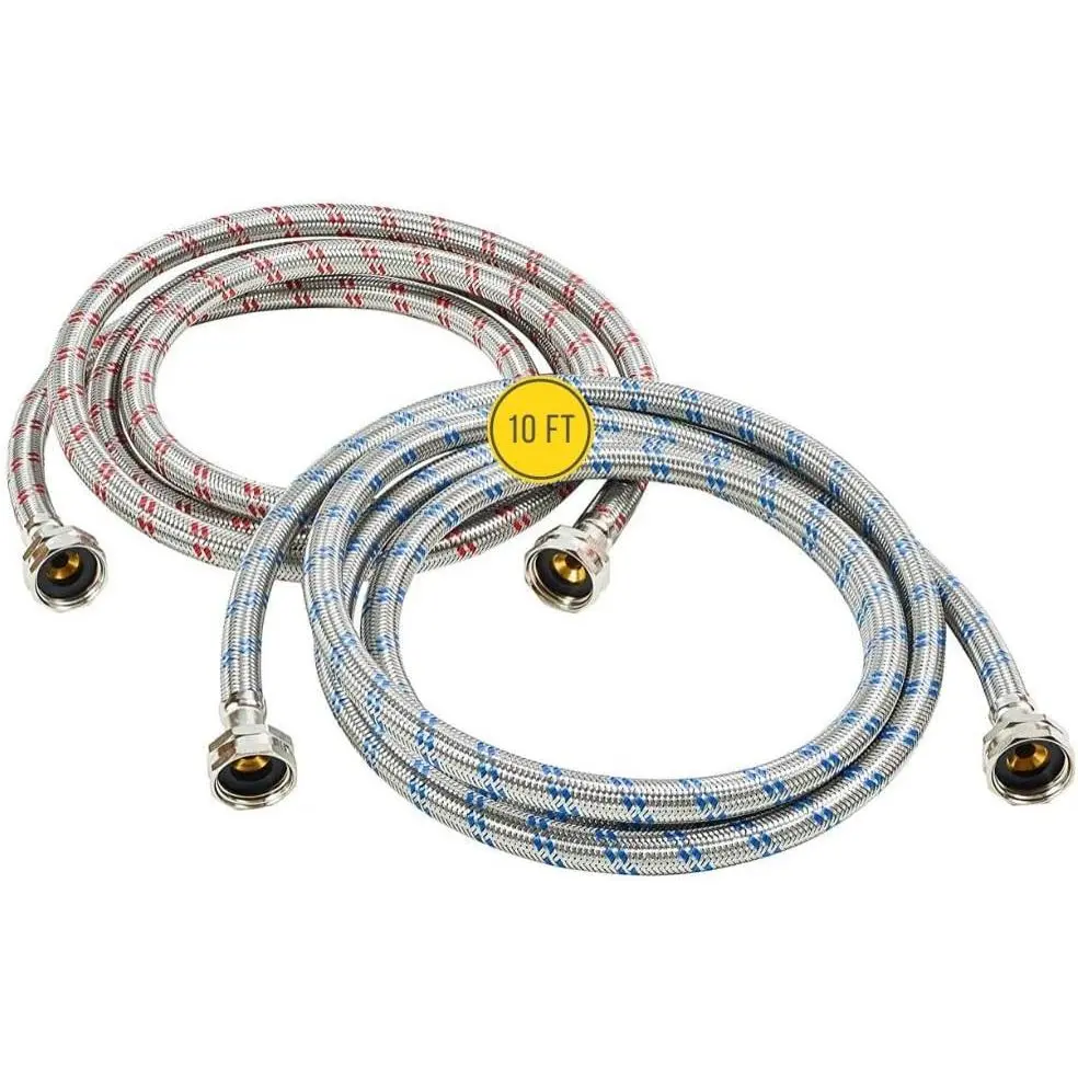 Washing Machine Hoses (10FT) - OCT Connect for Easy & Secure Tightening - Universal Fit to All Wash Machines - (2 Pack) Stainless Steel - Burst Proof Washer Water  Line