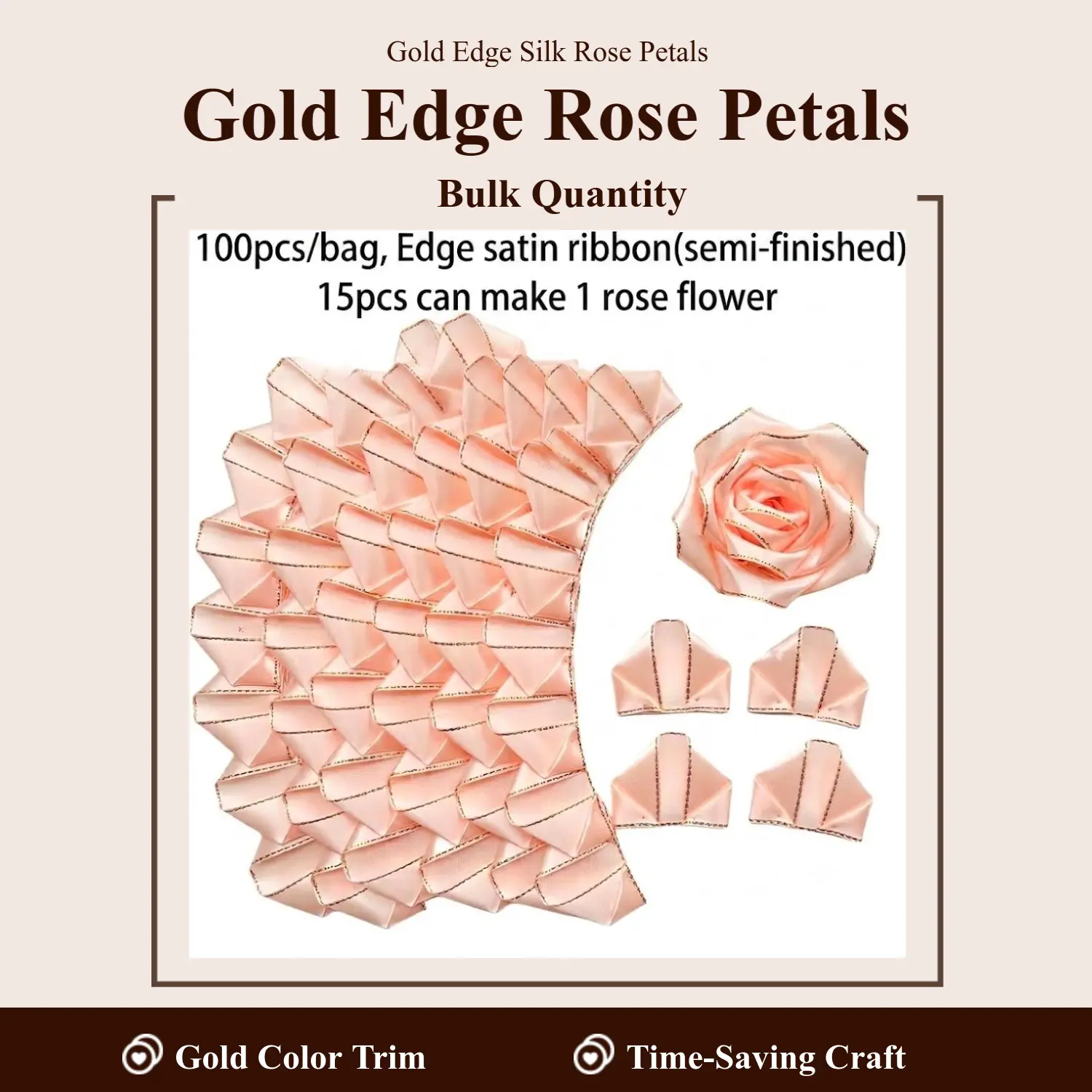 100Pcs Gold Edge Silk Ribbon Rose Petals - Pre-Made Glitter Decorative DIY Artificial Rose with Wedding-Ready Shine for Wedding Gifts, Anniversary Ornaments, Half-Finished Crafts