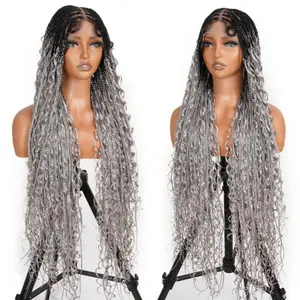 Supernova Boho Braided 1B/Gray Colored Full Lace Knotless Box Boho Braided Wig With Curls Ends 36 Inch