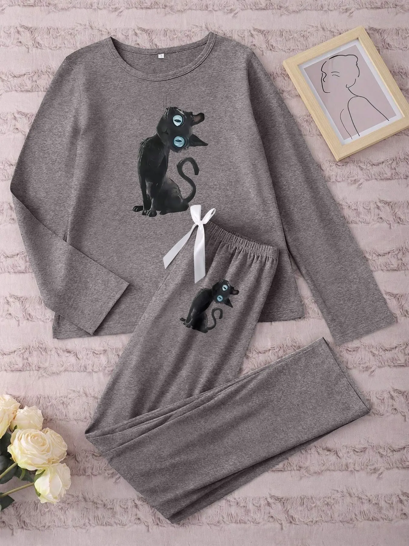 Women's Long Sleeve Pajama Set, Cartoon Cat Print Sleepwear, Casual Fitted Nightwear for Spring & Fall, Comfortable Home Wear, Sleepwear Pajamas Set