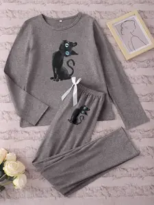 Women's Long Sleeve Pajama Set, Cartoon Cat Print Sleepwear, Casual Fitted Nightwear for Spring & Fall, Comfortable Home Wear, Sleepwear Pajamas Set