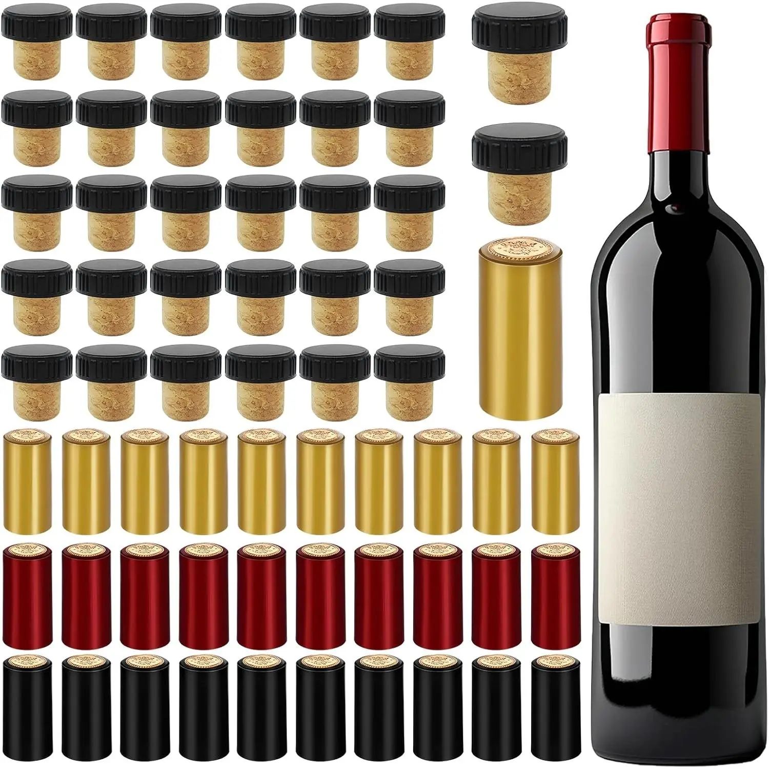 60 count  Bottle Sealer for Cruise - 30 count Heat Shrink  Sealer Capsules & 30 count Wines Corks Stoppers Cap, PVC Wines Bottle Resealer Kit for Recorking(3 Color)