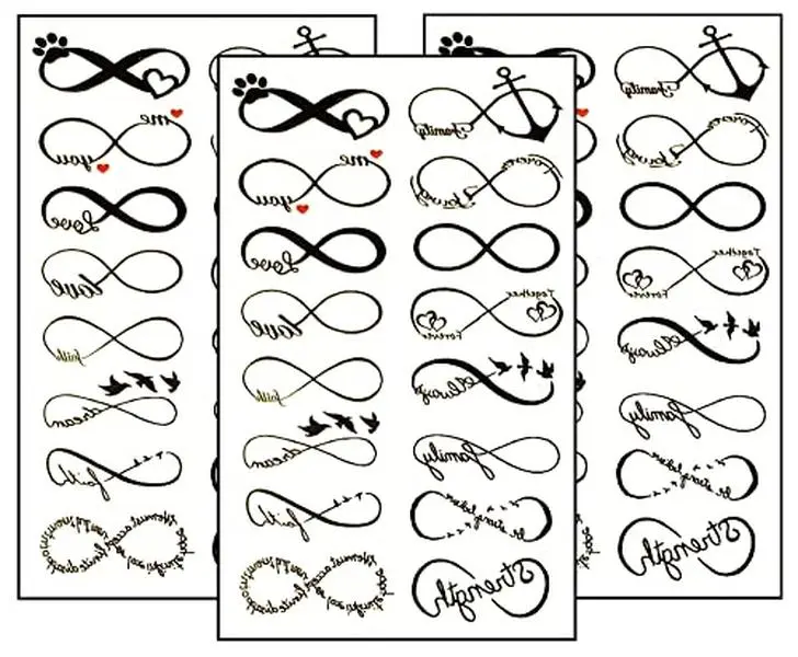 Set 3 Sheets Mini Infinity Temporary Tattoos Art Painting 3D Tattoo Makeup Body Fake for Men Women Design Decorations Body Neck Chest Shoulder Legs Arm Back, 4.1X2.3 INCH.