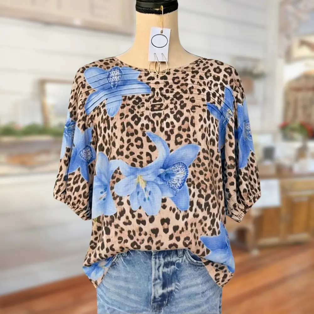 Sage Vell Women Leopard Non-positional Print Lily Floral Blouse Puff 3/4 Sleeves Pleated Front Casual Loose Fit Lace-up Crew Neck Top Boho Vintage Tunic Shirt For Daily Vacation Beach Office Ladies All Match Casual Top