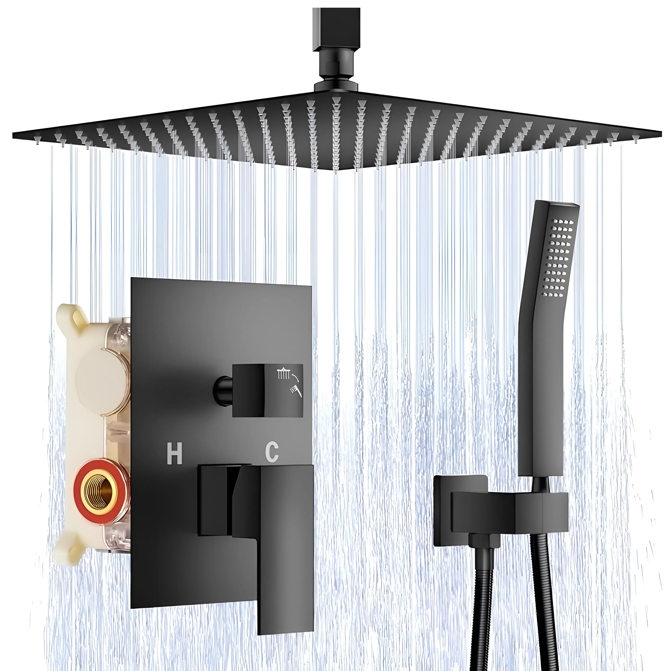 Rainfall Bathroom Shower System Ceiling Mount Rain Shower Head with Handheld Spray and High Pressure Faucet Set Combo Solid Brass Pressure Balancing Shower Mixer Valve 8/12 Inch Matte Black