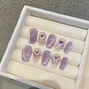 YR 20 Sets Handmade Press-on Nails – Selectable Size, Random Length & Style, Butterfly Design with Sparkling Accents, Reusable for Any Occasion