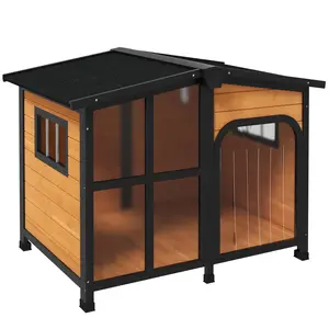 Cabin-Style Wooden Dog House – Yellow. Openable Roof + Giant Window + 2 Side Windows. Asphalt Weatherproof Roof. Fits Large Dogs Up to 66 lbs