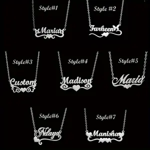 Stainless Steel Custom Heart Pendant Necklace Silvery Name Wave Design Women's Fashion Minimalist Jewelry Personalized Engraved Pendant Necklace Casual Attire Accessory