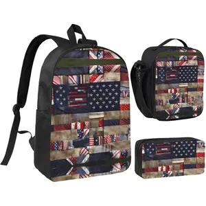 American flag patchwork print three-piece backpack set, unisex, 17-inch, stylish and elegant, includes a lunchbox and pencil case.